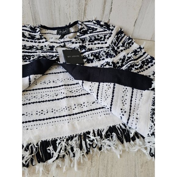 St John knit new jacket pullover‎ women's fringe L striped black blue white fun - Picture 7 of 7